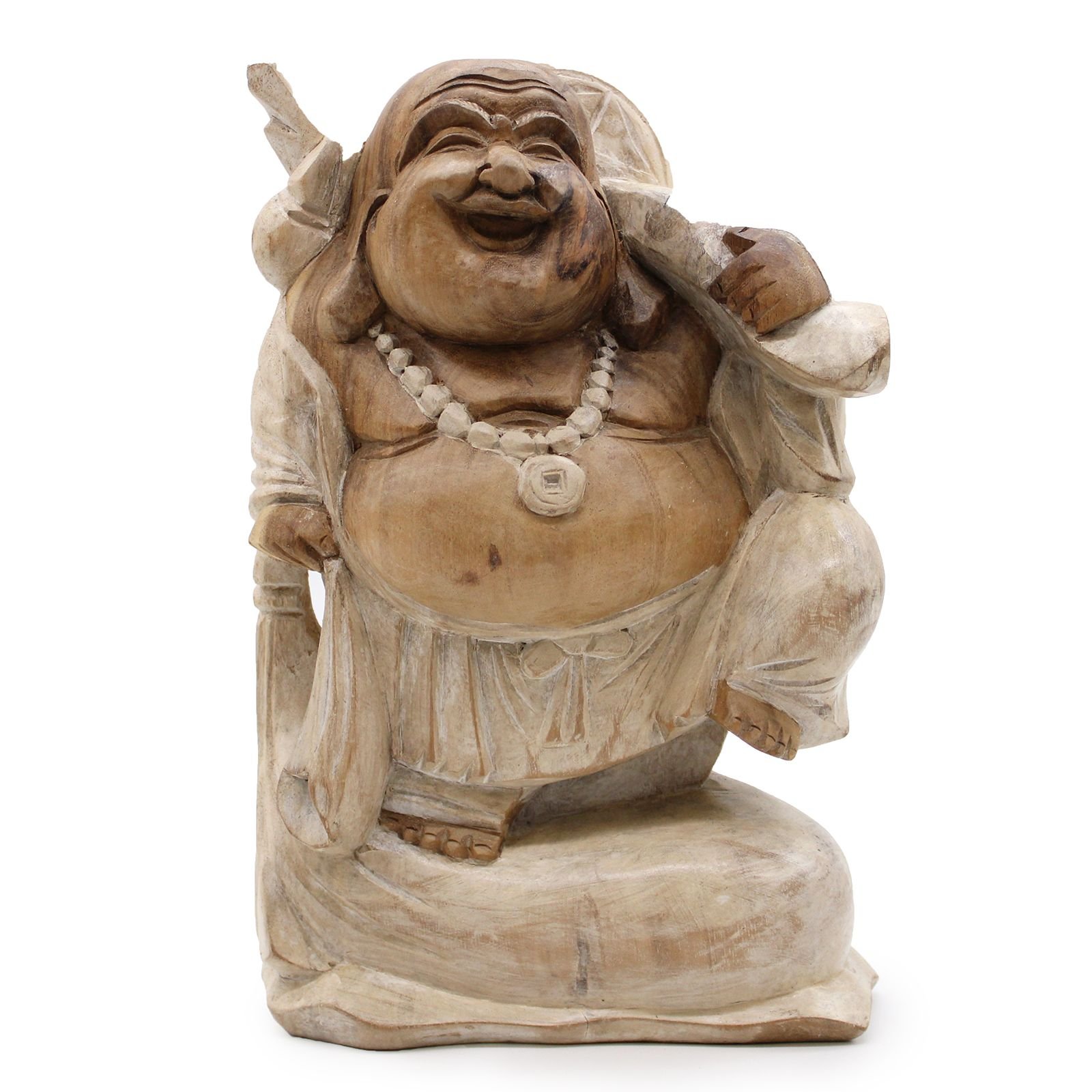 bG9jYWw6Ly9tZWRpYS85Si80RC82MFIzMEMxRzZSVDM0RDlKL2NhNjRiYzIxLmpwZWc.jpg Ancient Wisdom 30cm Whitewash Suar Wood Happy Buddha Statue - Image 1