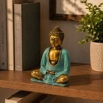 Ancient Wisdom Medium Teal & Gold Hand Painted Resin Buddha Figurine - Image 4