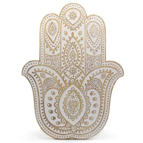 Ancient Wisdom Whitewash Mango Wood Hamsa Wall Plaque