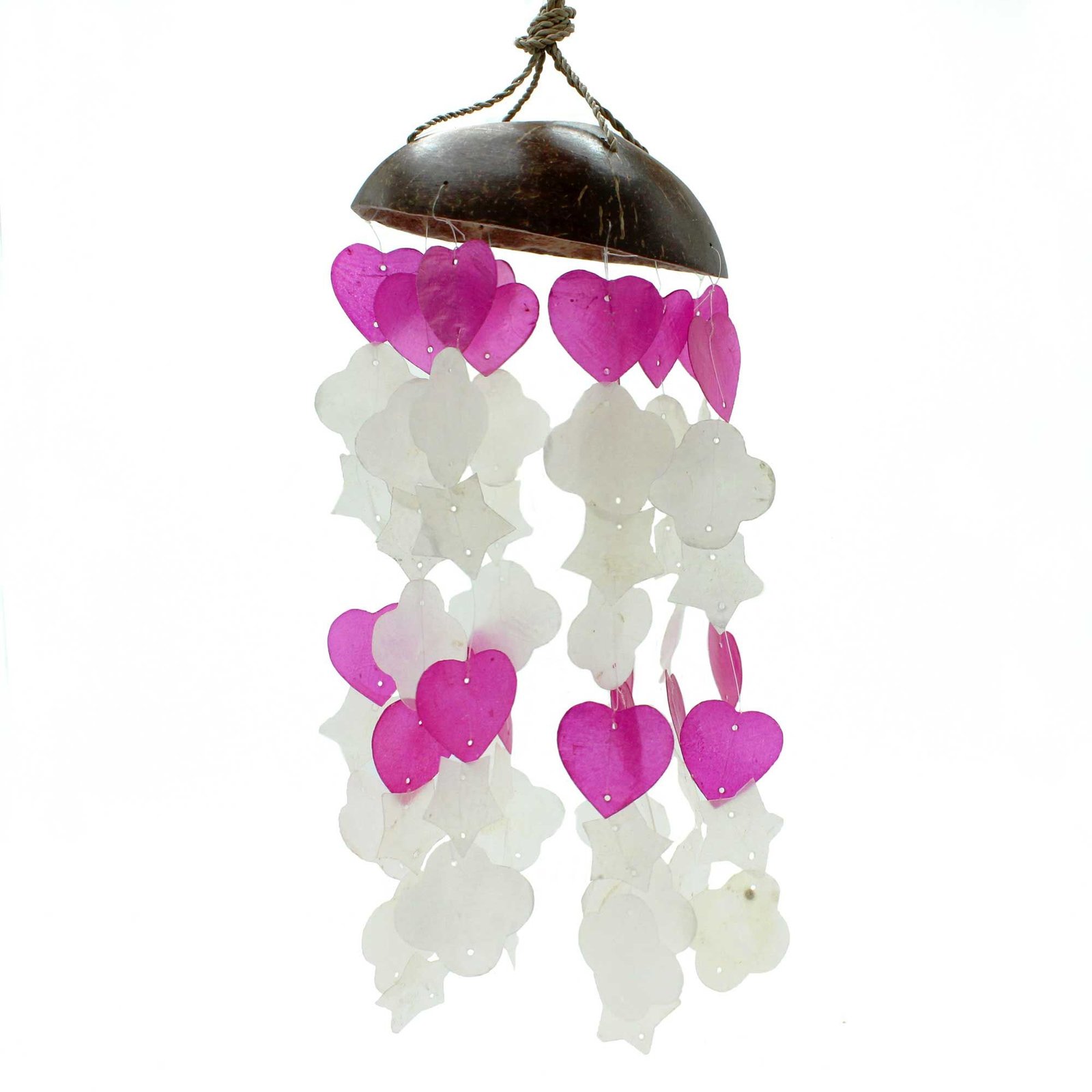 bG9jYWw6Ly9tZWRpYS85TS80RS82MFIzMEMxRzZXUjM0RTlNL2Y3YmJjYjRlLmpwZWc.jpg Ancient Wisdom Coconut & Capiz Pink & White Mix Shapes Wind Chime - Image 1