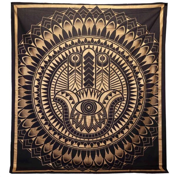 Ancient Wisdom Black & Gold Double Cotton Bedspread + Wall Hanging – Hamsa