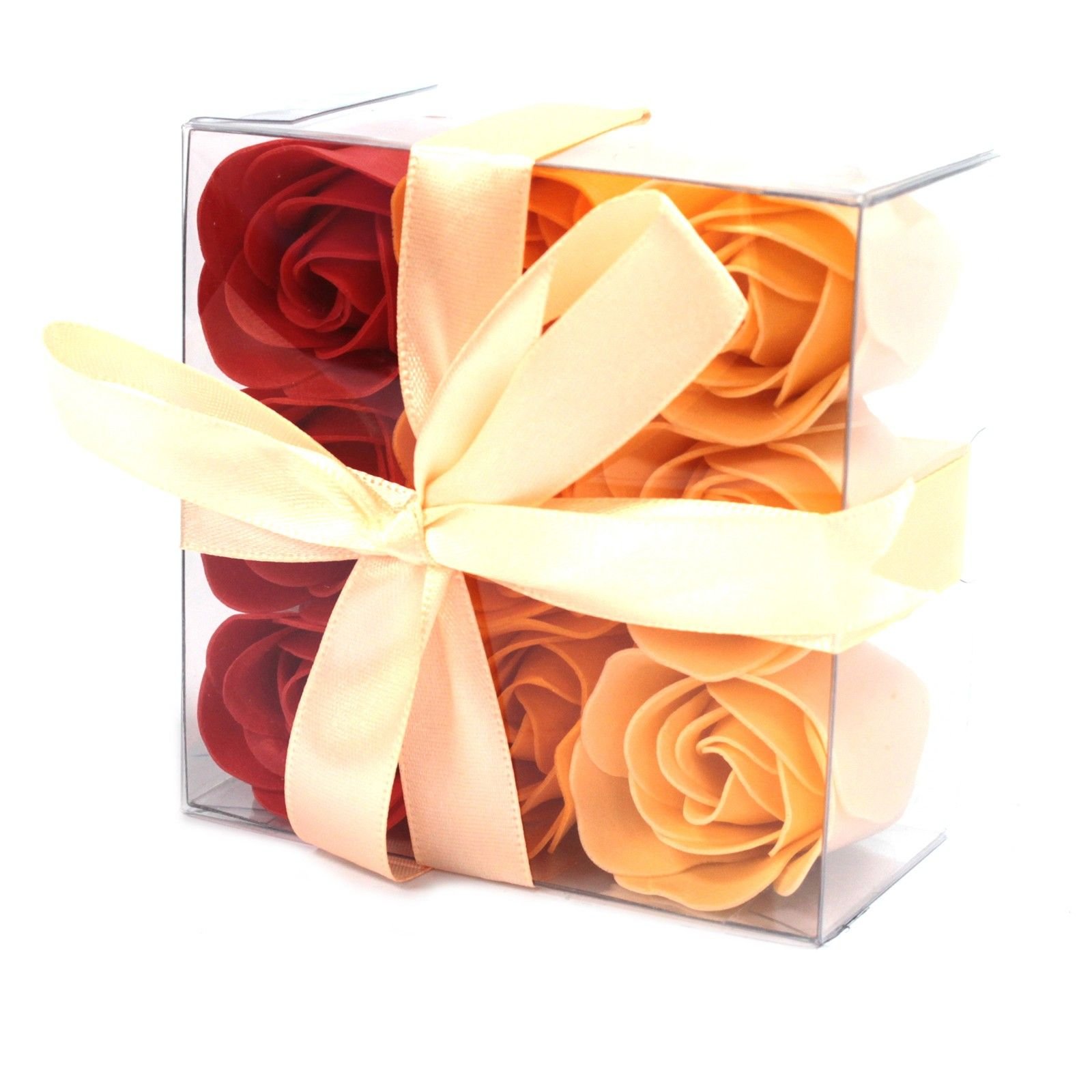 bG9jYWw6Ly9tZWRpYS85Ti9BRC82MFIzMEMxRzZHVjNBRDlOLzU5MGIzNDVjLmpwZWc.jpg Ancient Wisdom Set of 9 Soap Flower Peach Roses Square Box - Image 1