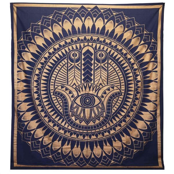 Ancient Wisdom Blue & Gold Double Cotton Bedspread + Wall Hanging - Hamsa