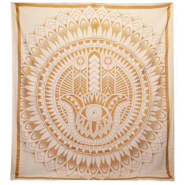 Ancient Wisdom White & Gold Double Cotton Bedspread + Wall Hanging - Hamsa