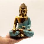 Ancient Wisdom Large Teal & Gold Bali Hand Painted Varada Buddha Statue - Image 2