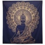 Ancient Wisdom Blue & Gold Double Cotton Bedspread + Wall Hanging - Buddha