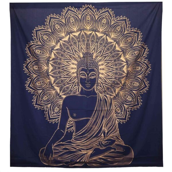 Ancient Wisdom Blue & Gold Double Cotton Bedspread + Wall Hanging - Buddha