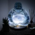 Ancient Wisdom Sky Blue Laughing Buddha Lamp – Round Stand - Image 3