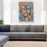 Ancient Wisdom Bronze & Blue Flower Buddha Painting – 75x55cm - Image 3