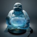 Ancient Wisdom Sky Blue Laughing Buddha Lamp – Round Stand - Image 2