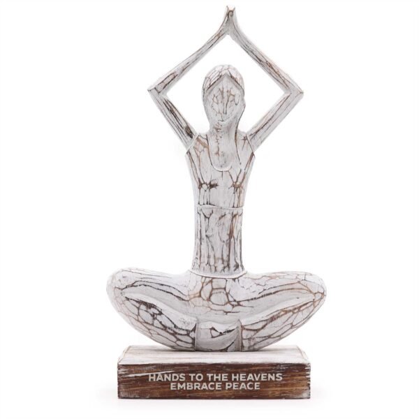 Ancient Wisdom Wooden Yoga Lady Figurine (Hands Up Pose) - Whitewash - Hands To The Heavens Embrace Peace