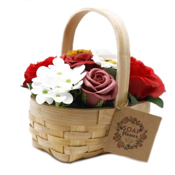 Ancient Wisdom Medium Red Bouquet Soap Flowers In Wicker Basket