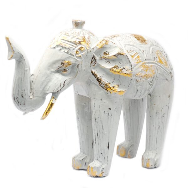 Ancient Wisdom White & Gold Wooden Hand Carved Elephant