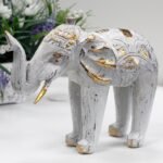 Ancient Wisdom White & Gold Wooden Hand Carved Elephant - Image 4