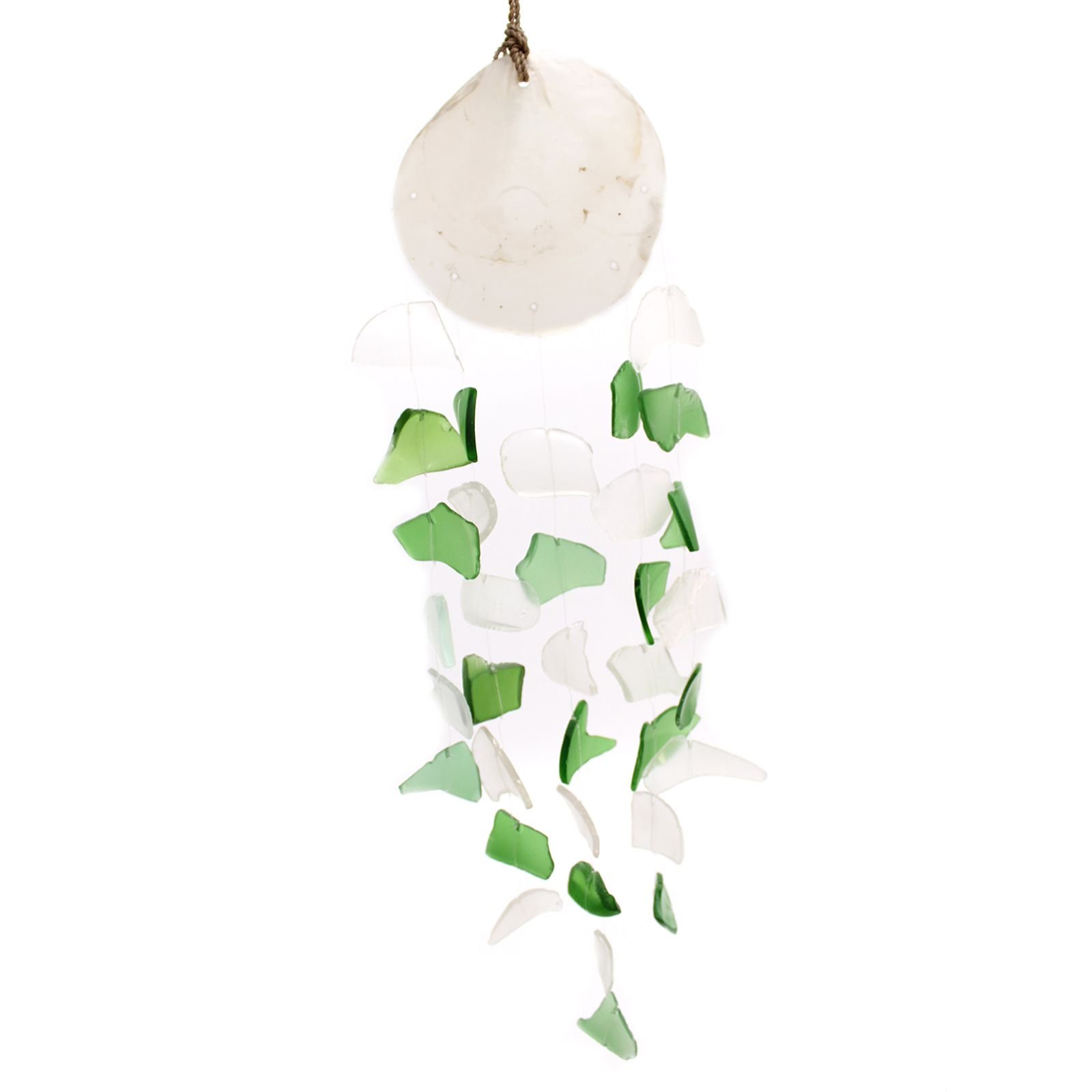 bG9jYWw6Ly9tZWRpYS8xSy9KQy82MFIzMEMxRzZSVDNKQzFLL2NkMzk5YjI1LmpwZWc.jpg Ancient Wisdom Green & White Copis & Glass Drop Wind Chime - Image 1