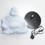 Ancient Wisdom Sky Blue Laughing Buddha Lamp – Round Stand - Image 4