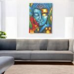 Ancient Wisdom Blue & Gold Flower Buddha Painting - 75x55cm - Image 2