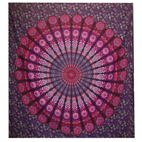 Ancient Wisdom Purple Double Cotton Bedspread + Wall Hanging – Peacock Mandala