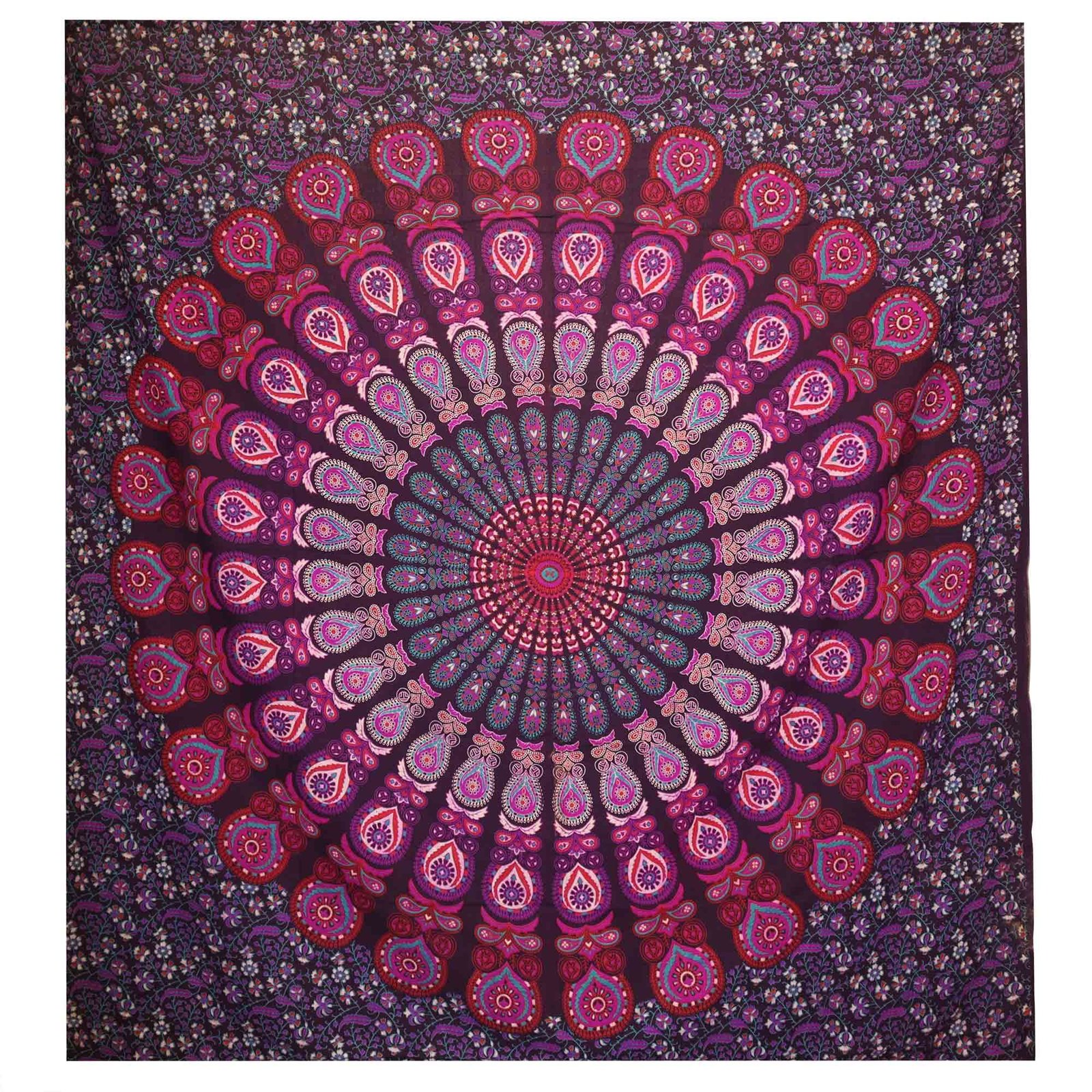 bG9jYWw6Ly9tZWRpYS8xUC9DQy82MFIzMEMxRzZXVDNDQzFQLzMxYzZhMzQwLmpwZWc.jpg Ancient Wisdom Purple Double Cotton Bedspread + Wall Hanging – Peacock Mandala - Image 1