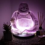 Ancient Wisdom Lavender Crackle Laughing Buddha Lamp - Round Stand - Image 2