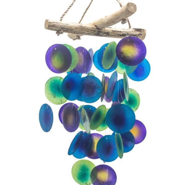 Ancient Wisdom Green & Purple Capiz Glass Driftwood Cross Wind Chime