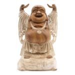 Ancient Wisdom 40cm Whitewash Suar Wood Happy Buddha Hands Up Statue