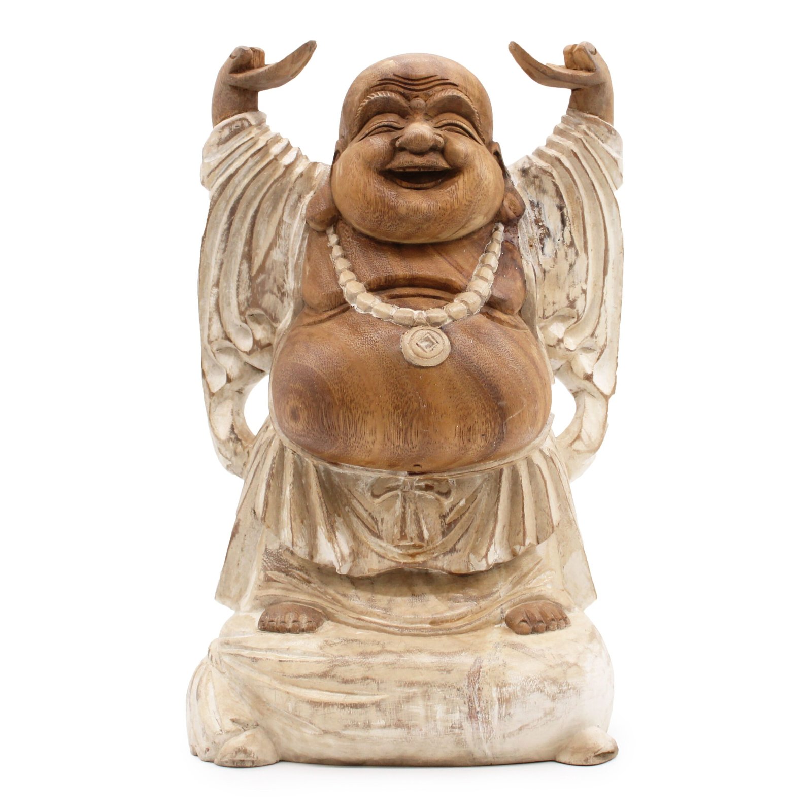 bG9jYWw6Ly9tZWRpYS8xUi80RC82MFIzMEMxRzZSVDM0RDFSLzYyMTdmNjkyLmpwZWc.jpg Ancient Wisdom 40cm Whitewash Suar Wood Happy Buddha Hands Up Statue - Image 1