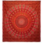 Ancient Wisdom Red Double Cotton Bedspread + Wall Hanging – Peacock Mandala
