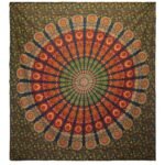 Ancient Wisdom Green Double Cotton Bedspread + Wall Hanging - Peacock Mandala