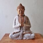 Ancient Wisdom 30cm Whitewash Sitting Suar Wood Welcome Buddha Statue - Image 3