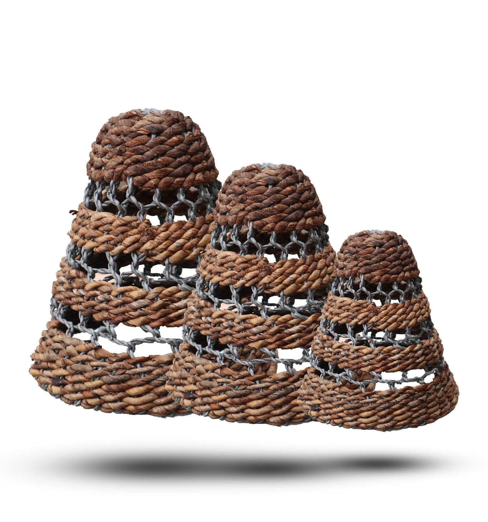 bG9jYWw6Ly9tZWRpYS9IRy84Qy82MFIzMEMxRzZSVEs4Q0hHLzcxMWNlNmI5LmpwZWc.jpg Ancient Wisdom Set of 3 Natural Banana Leaf & Abu-Abu Raffia Lamp Shades - Image 1