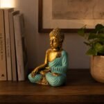 Ancient Wisdom Large Teal & Gold Bali Hand Painted Varada Buddha Statue - Image 5