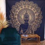 Ancient Wisdom Blue & Gold Double Cotton Bedspread + Wall Hanging - Buddha - Image 2