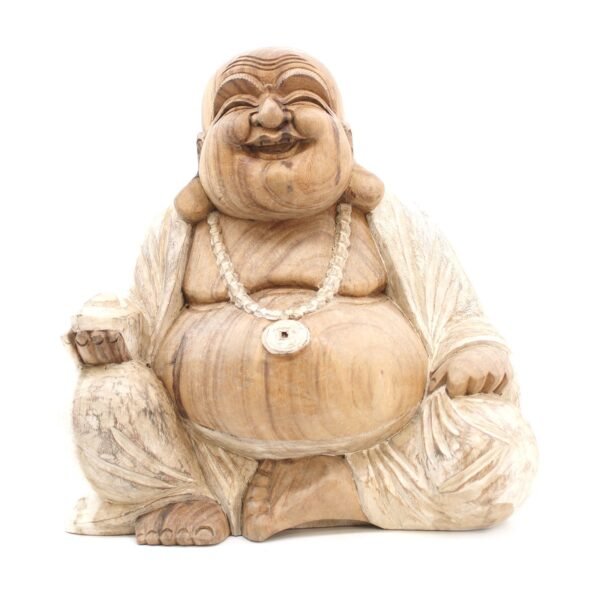 Ancient Wisdom Handcrafted Whitewash Wooden Happy Buddha Statue - 40cm