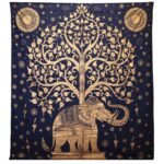 Ancient Wisdom Blue & Gold Double Cotton Bedspread + Wall Hanging - Elephant & Tree