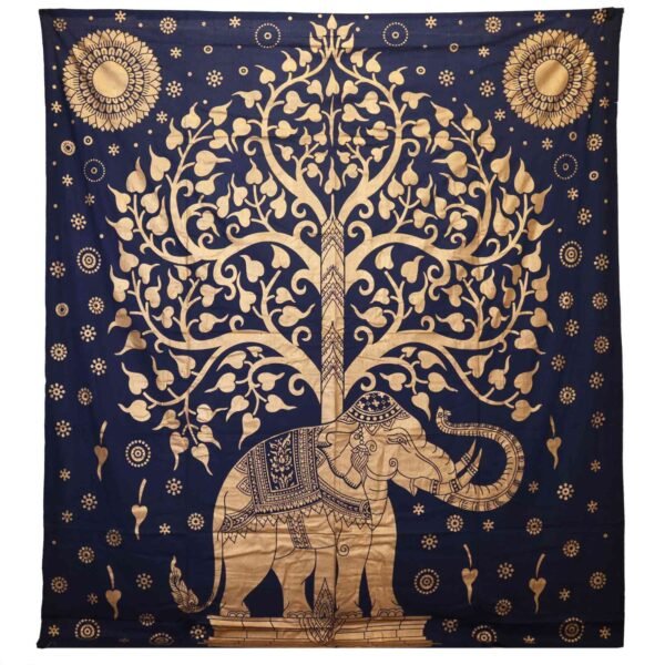 Ancient Wisdom Blue & Gold Double Cotton Bedspread + Wall Hanging - Elephant & Tree