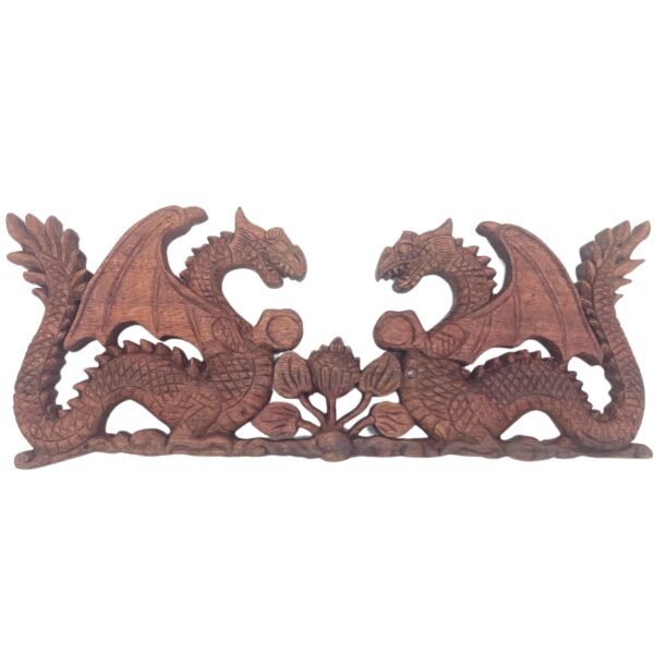 Ancient Wisdom Two Facing Dragons Wooden Plaque Carving - 40x15cm