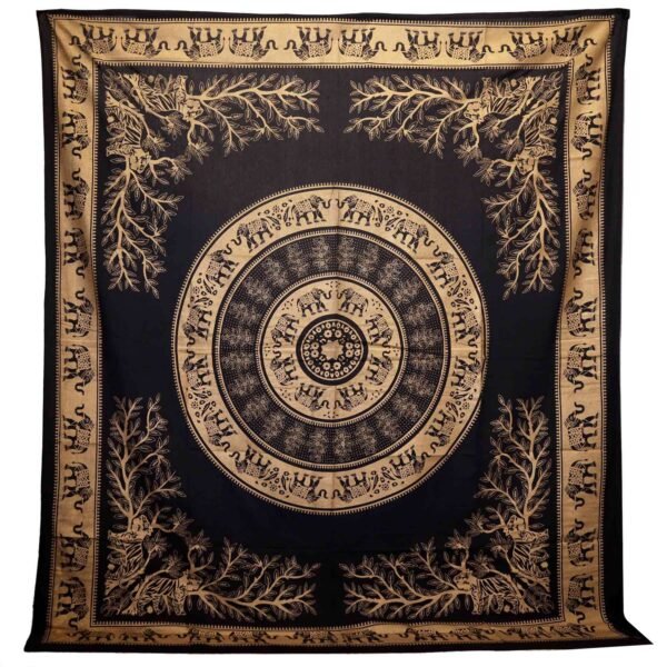Ancient Wisdom Black & Gold Double Cotton Bedspread + Wall Hanging - Elephant Jungle