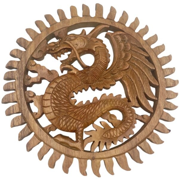Ancient Wisdom 30cm Winged Sun Dragon Suar Wood Plaque Carving