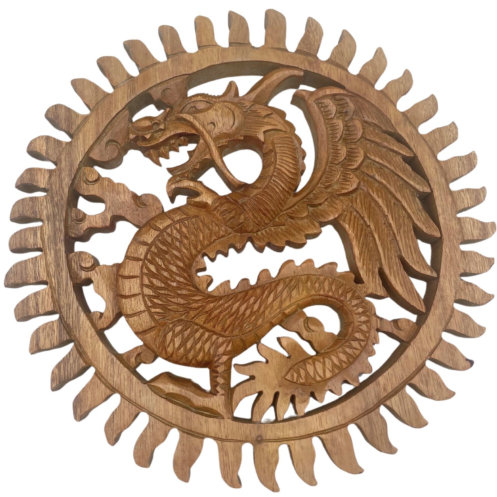 bG9jYWw6Ly9tZWRpYS9ISi9FQy82MFIzMEMxRzZXU0tFQ0hKL2U3ZWM5MWZlLmpwZWc.jpg Ancient Wisdom 30cm Winged Sun Dragon Suar Wood Plaque Carving - Image 1