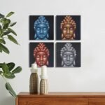 Ancient Wisdom Set of 4 Buddha Heads Sand Detail Canvas Wall Art – 30x30cm - Image 2