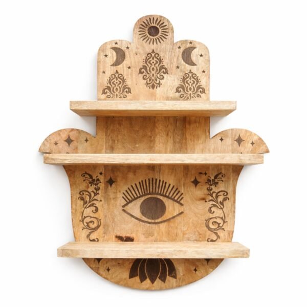 Ancient Wisdom Hamsa Shaped 3 Tier Carved Wooden Wall Shelf