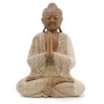 Ancient Wisdom 40cm Whitewash Sitting Suar Wood Welcome Buddha Statue