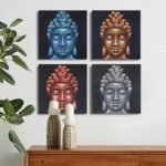 Ancient Wisdom Set of 4 Buddha Heads Sand Detail Canvas Wall Art – 40x40cm - Image 2