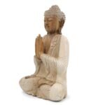 Ancient Wisdom 40cm Whitewash Sitting Suar Wood Welcome Buddha Statue - Image 3