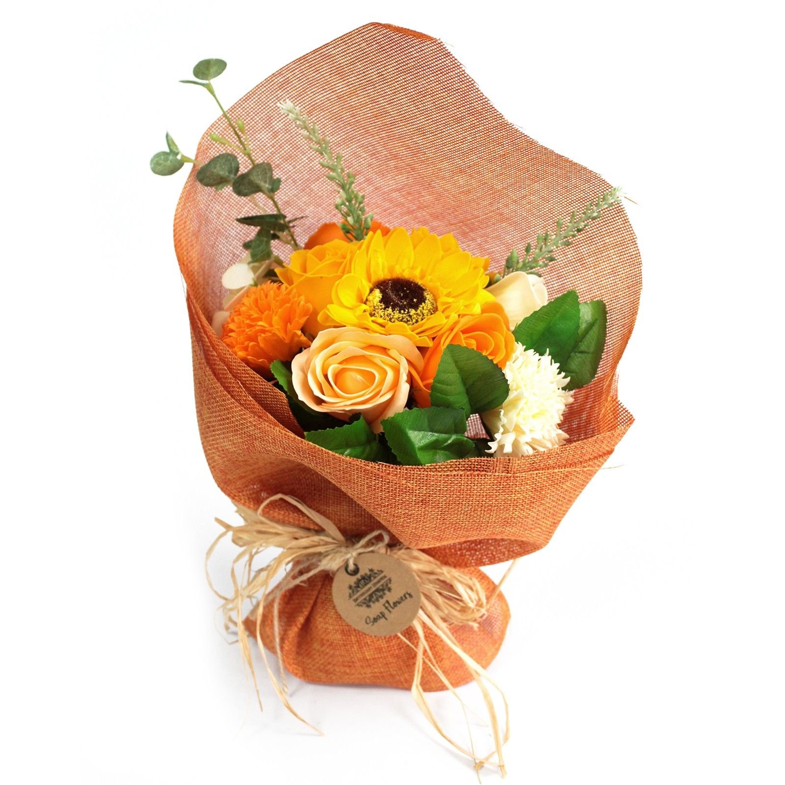 bG9jYWw6Ly9tZWRpYS9IUi9FQy82MFIzMEMxRzZHV0tFQ0hSLzE3MTY3N2NjLmpwZWc.jpg Ancient Wisdom Orange Standing Soap Flower Bouquet - Image 1