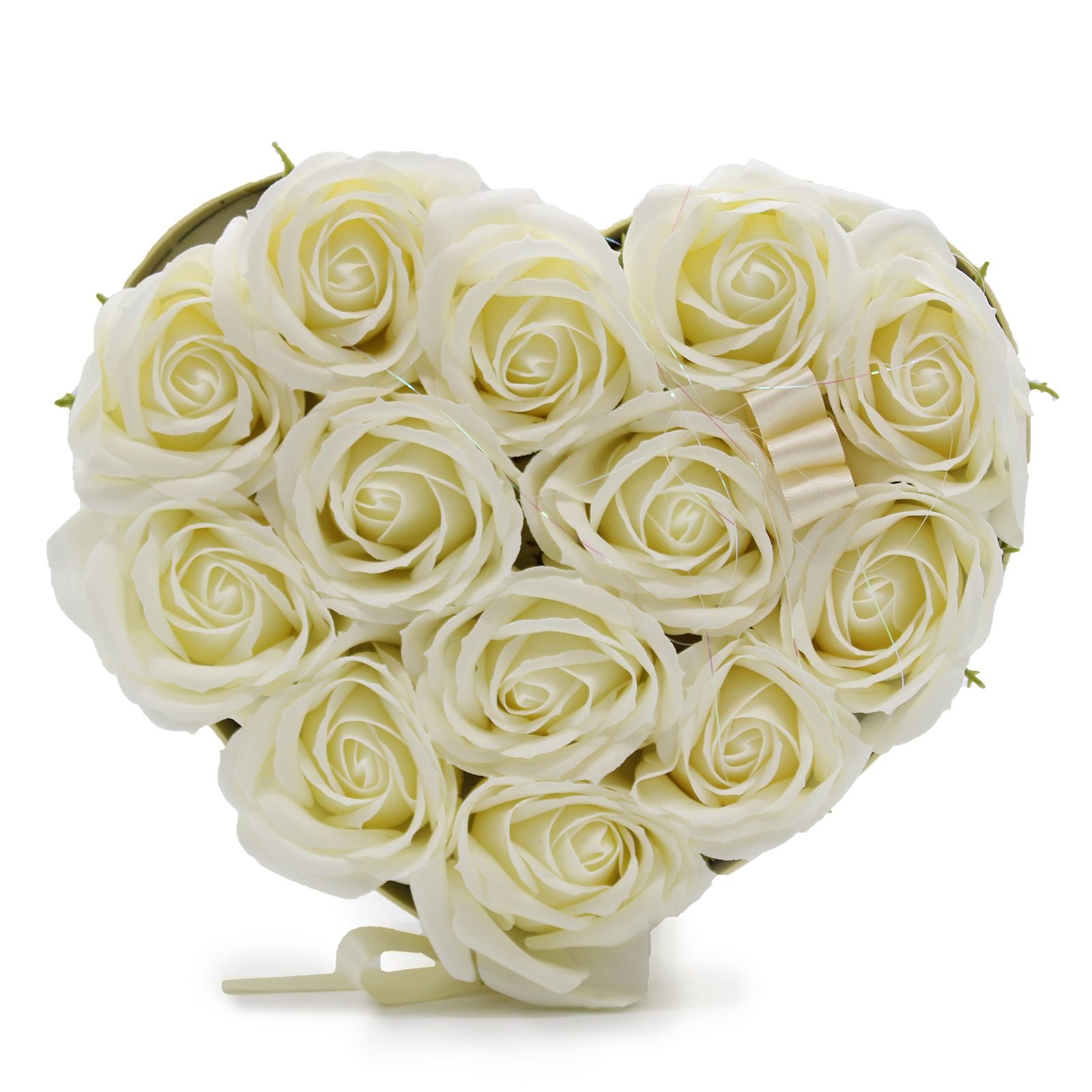 bG9jYWw6Ly9tZWRpYS9IUy9BRC82MFIzMEMxRzZSVDNBREhTLzBlMTY0ODdjLmpwZWc.jpg Ancient Wisdom Soap Flower 13 Cream Roses Heart Shaped Bouquet - Image 1