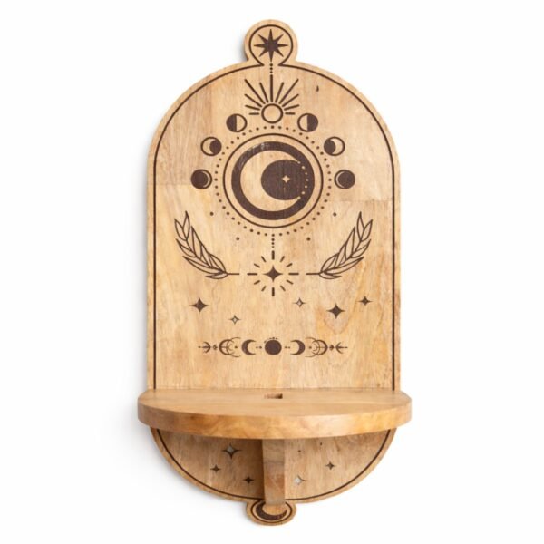 Ancient Wisdom Moon Phase & Tree Carved Wooden Arch Wall Shelf