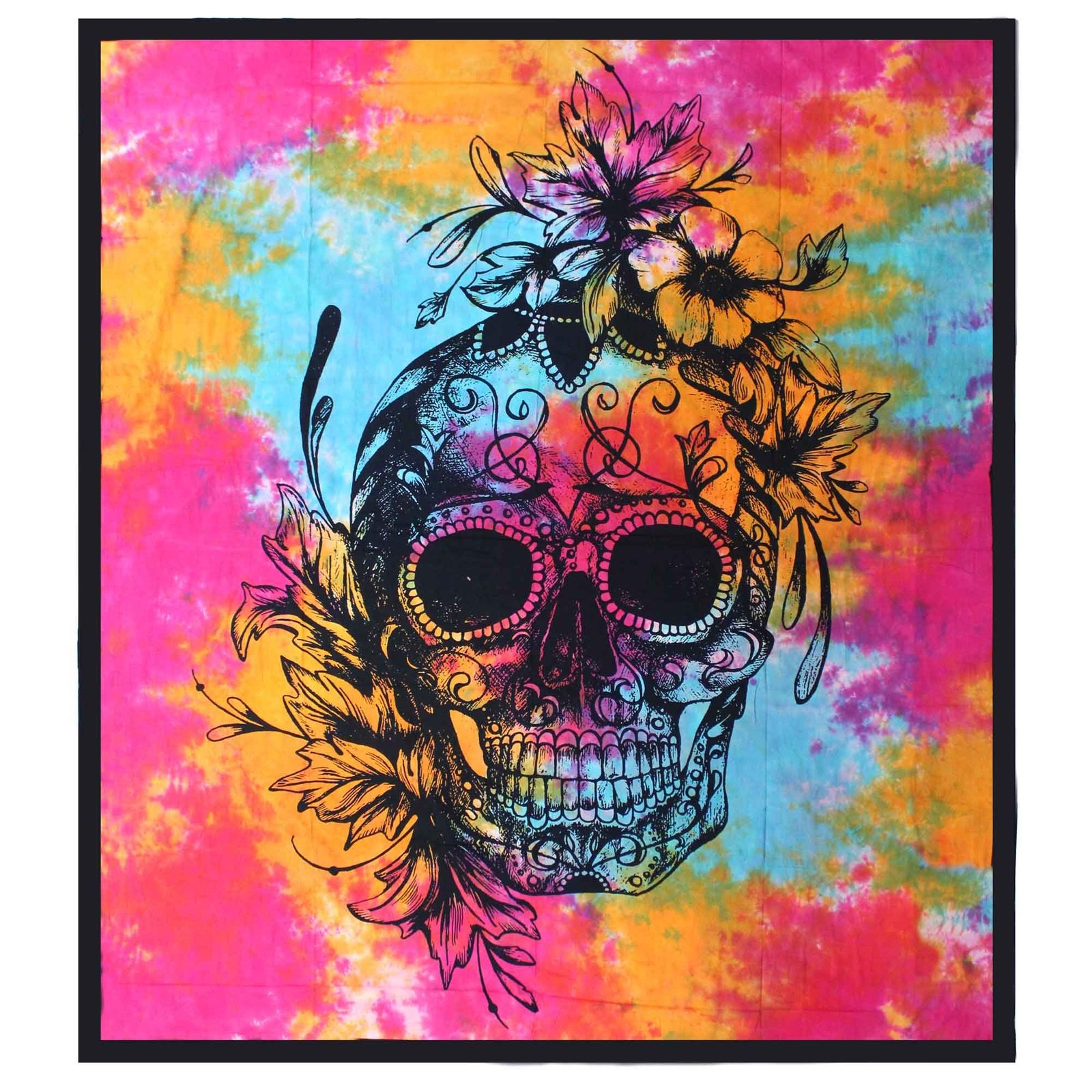 bG9jYWw6Ly9tZWRpYS9TSC8wQy82MFIzMEMxRzZXUjMwQ1NILzAxYjk2NzM0LmpwZWc.jpg Ancient Wisdom Double Cotton Bedspread + Wall Hanging – Day of Dead Skull - Image 1