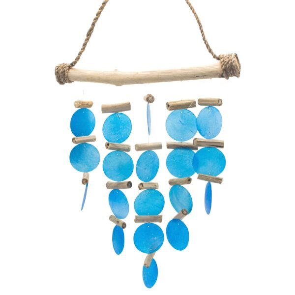 Ancient Wisdom Blue Capiz Glass Driftwood Wind Chime